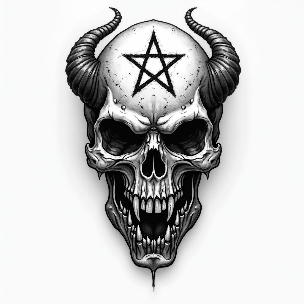 1996creepy horror tattoo style, featuring an eerie and unsettling skull of a demonic creature, distorted face with sharp fangs, add pentagram symbol - Variation 1