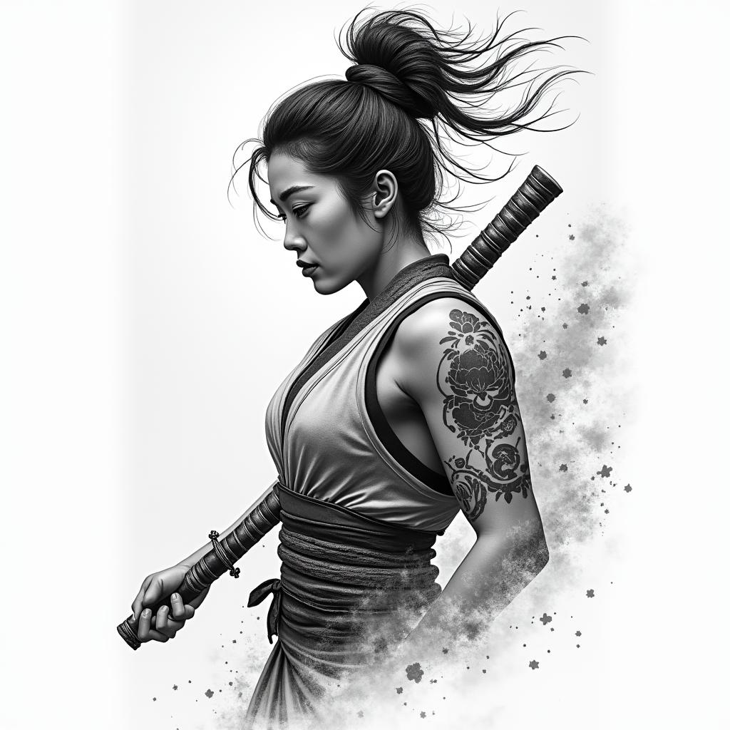 Warrior, survive, modern times, woman, strongin japanese style tattoo, detailed tattoo, traditional japanese culture tattoo, mythology, 8k - Variation 3