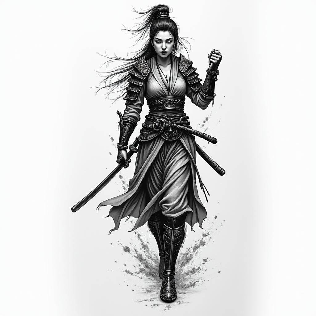 Warrior, survive, modern times, woman, strongin japanese style tattoo, detailed tattoo, traditional japanese culture tattoo, mythology, 8k - Variation 2