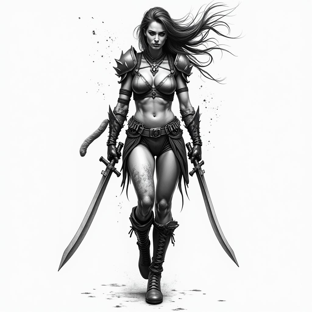 Warrior, survive, modern age, woman, strongin new school tattoo, pop culture, modern, detailed tattoo, illustrative - Variation 2