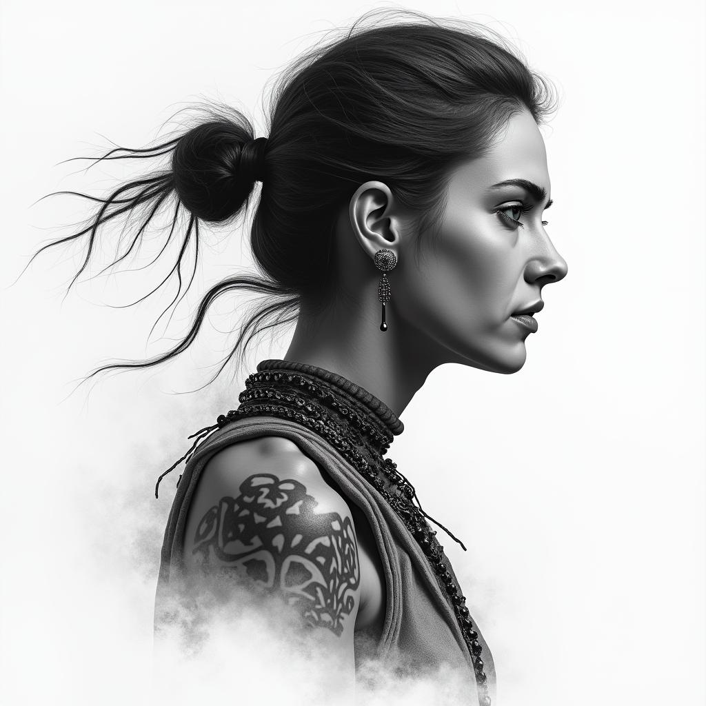 Warrior, survival, modern times, woman, strongin portrait tattoo style, featuring a highly realistic and detailed depiction  - Variation 2