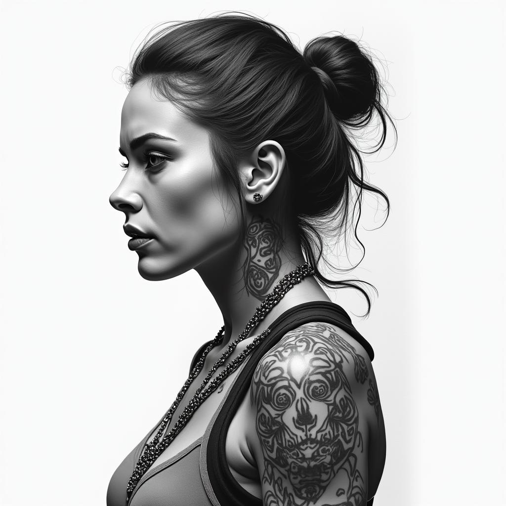 Warrior, survival, modern times, woman, strongin portrait tattoo style, featuring a highly realistic and detailed depiction  - Variation 3
