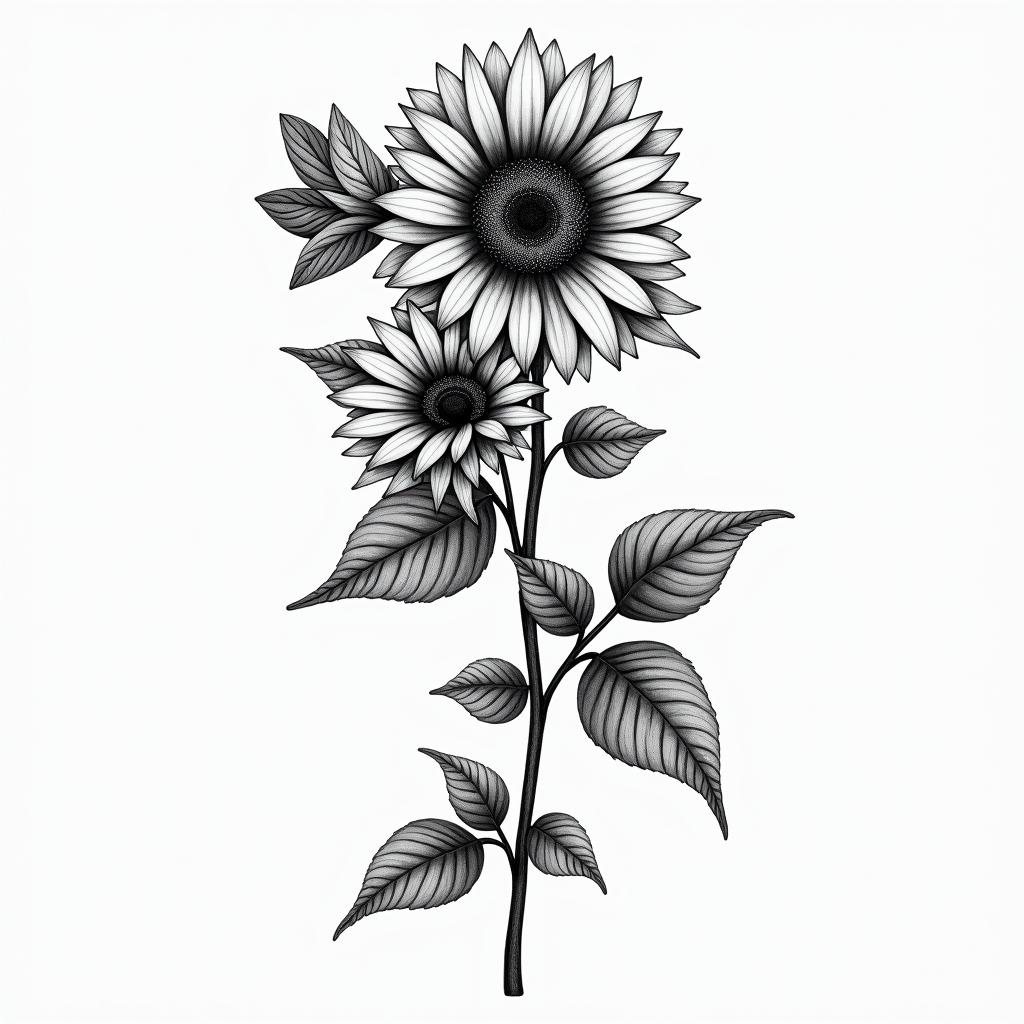Roses an sunflower with butterflies on a vinehigly detailed tattoo - Variation 7
