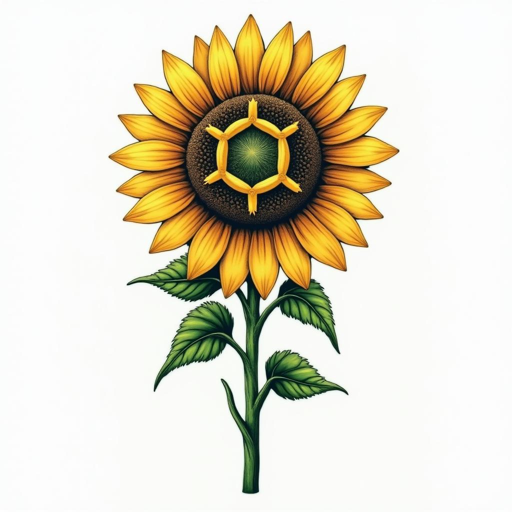 Create a tattoo design featuring a sunflower intertwined with the Gemini astrological symbol, incorporating elements of positivity and resilience inspired by the phrase “every little thing is gonna be alright.” The design should have a vibrant green color palette, symbolizing growth and hope. Use a blend of realistic and artistic styles to make the elements harmoniously come together.higly detailed tattoo - Variation 4