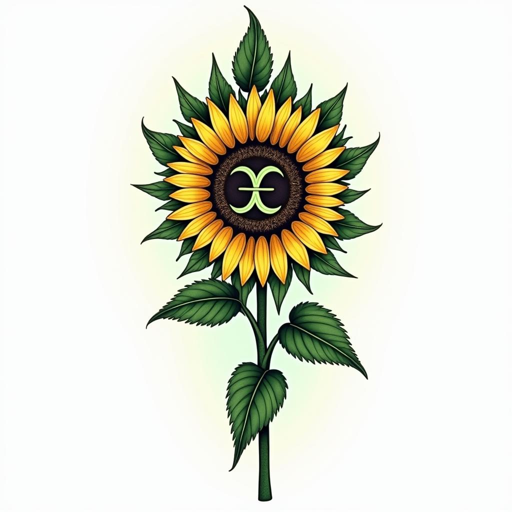 Create a tattoo design featuring a sunflower intertwined with the Gemini astrological symbol, incorporating elements of positivity and resilience inspired by the phrase “every little thing is gonna be alright.” The design should have a vibrant green color palette, symbolizing growth and hope. Use a blend of realistic and artistic styles to make the elements harmoniously come together.higly detailed tattoo - Variation 3