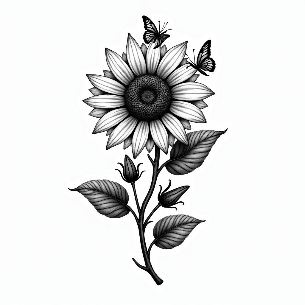 Roses an sunflower with butterflies on a vinehigly detailed tattoo - Variation 3