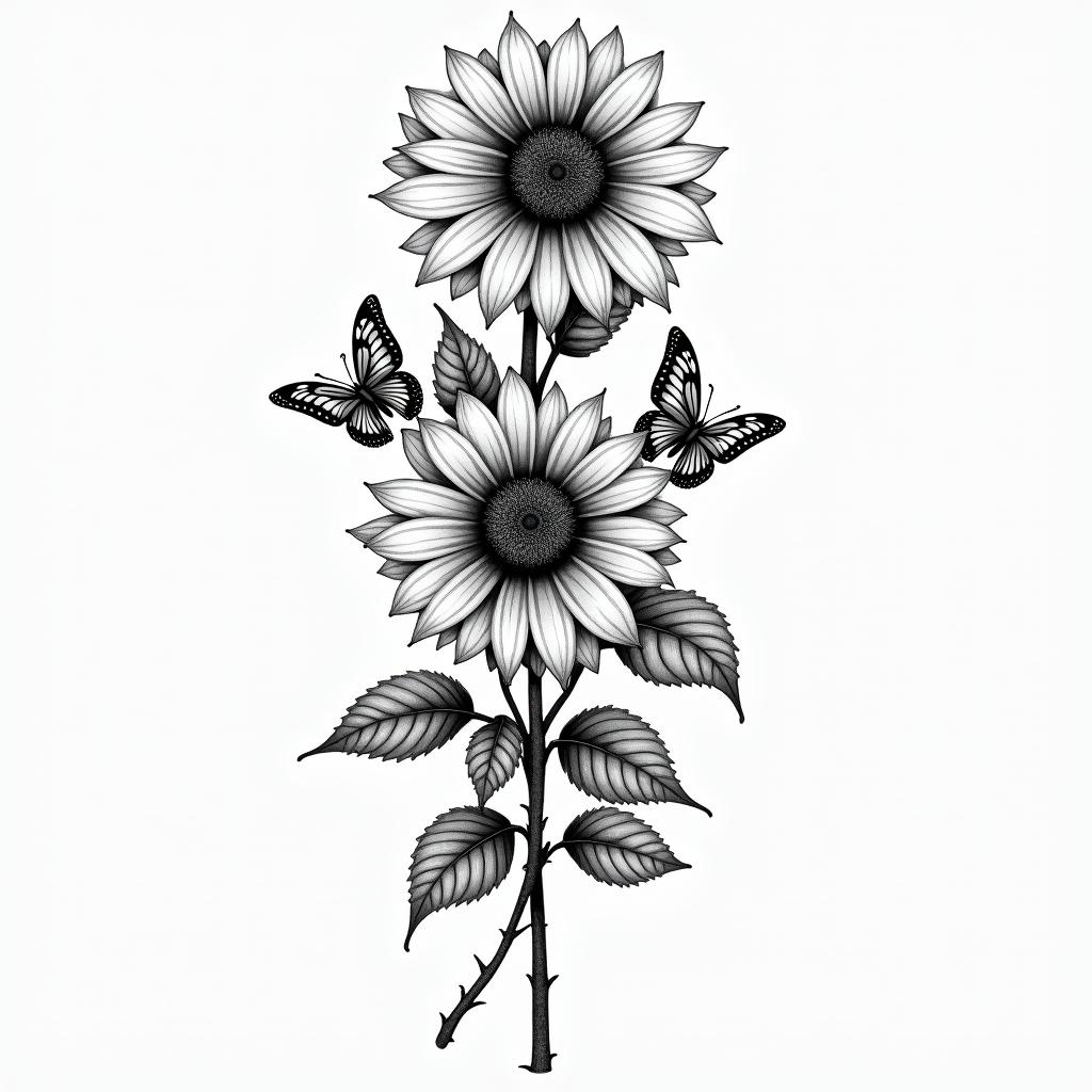 Roses an sunflower with butterflies on a vinehigly detailed tattoo - Variation 2