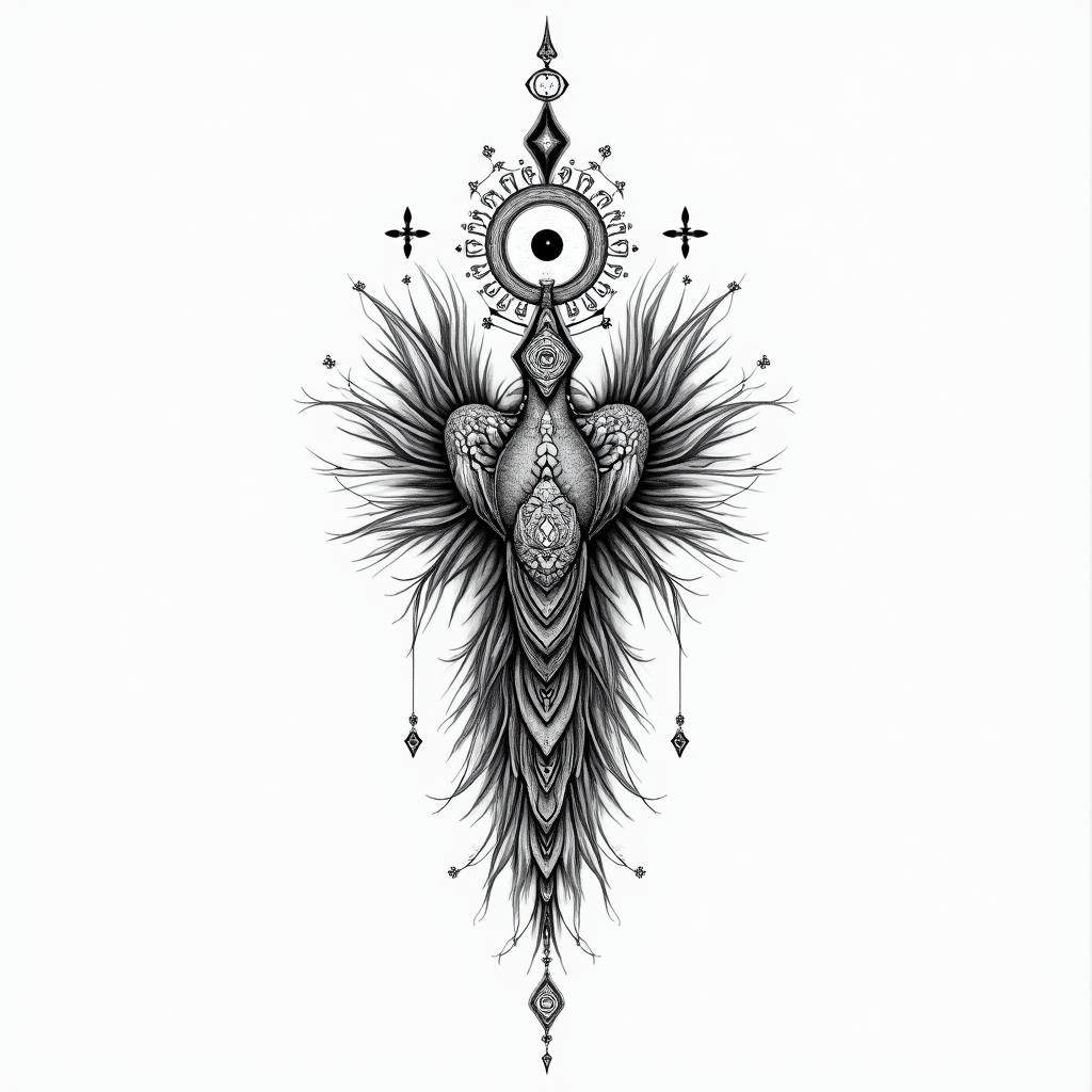 Daschund peacock Liverpoolin spiritual symbols tattoo style, featuring an intricate design incorporating elements, Hamsa hand, third eye, minimalist composition - Variation 3