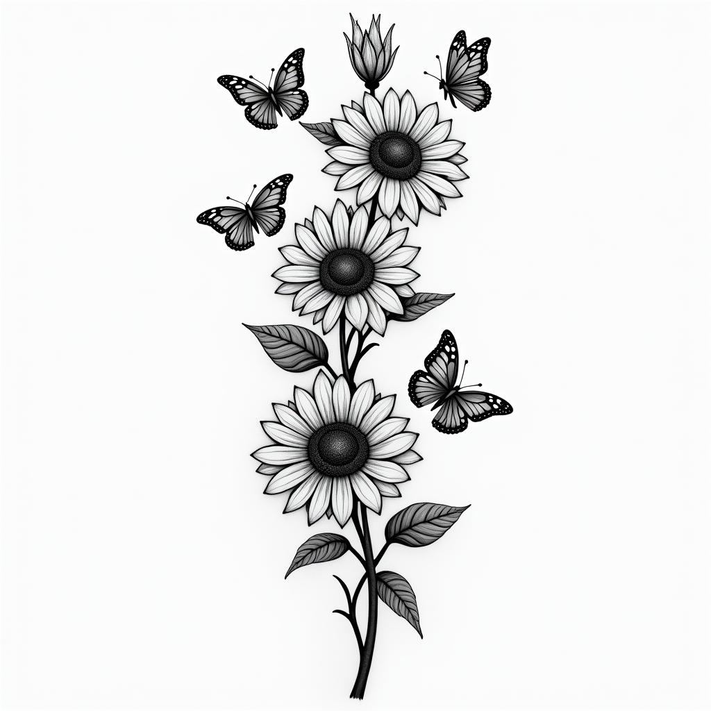 Rose an sunflower vine with butterflies hovering on the flowershigly detailed tattoo - Variation 4