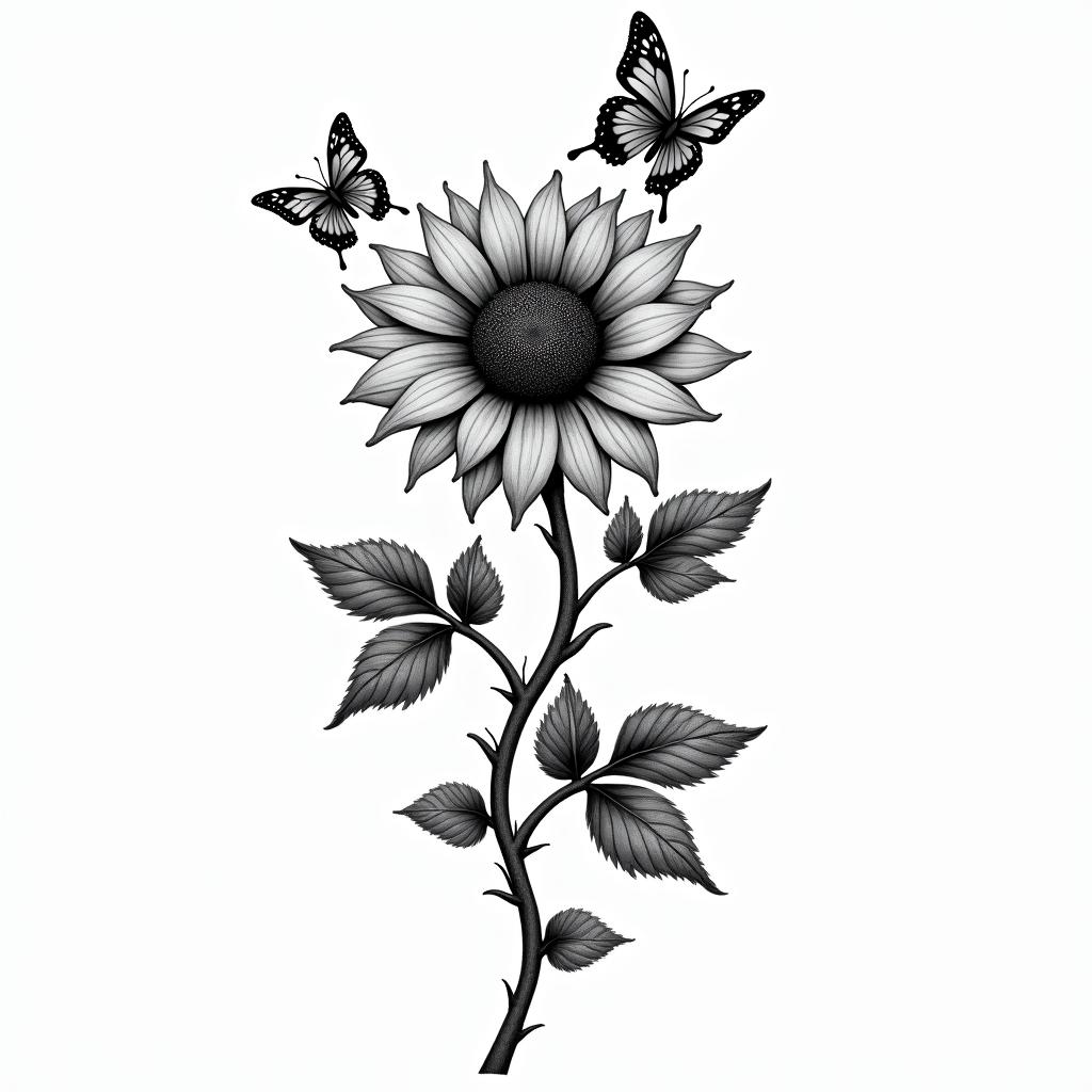 Rose an sunflower vine with butterflies hovering on the flowershigly detailed tattoo - Variation 3