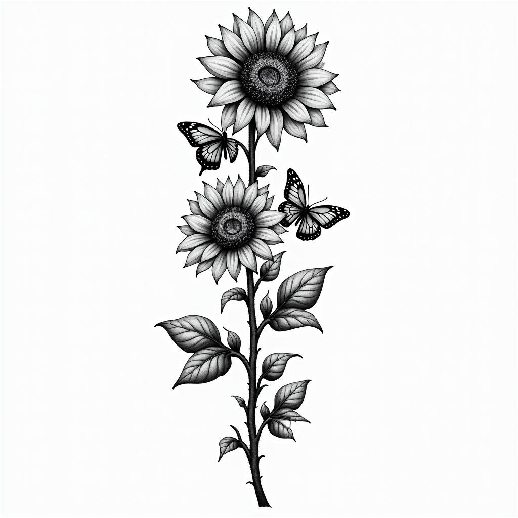 Rose an sunflower vine with butterflies hovering on the flowershigly detailed tattoo - Variation 2