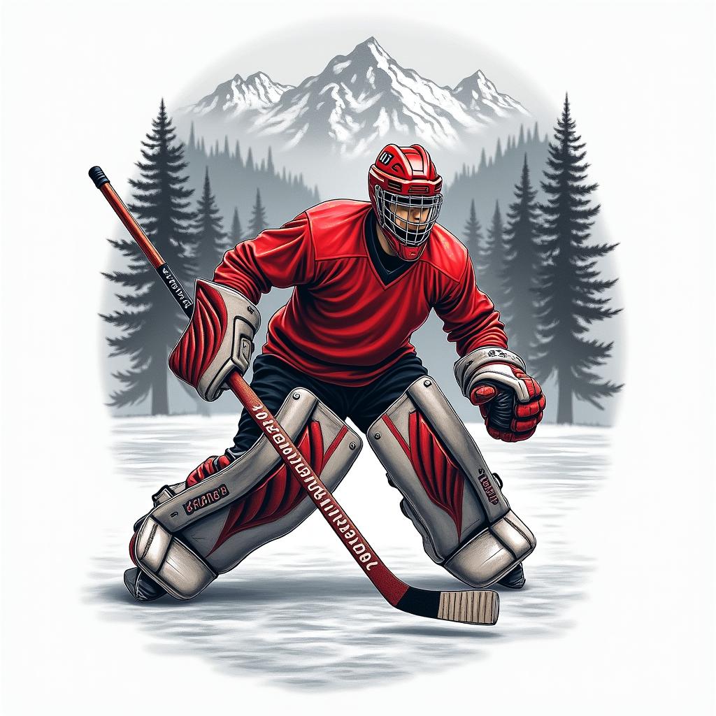 A tattoo design featuring ice hockey on a frozen lake, with mountains and forest in the background. The focus is on a goalie, including a goalie mask and stick, depicted in red, white, and black colors. In the background, there are cheering fans celebrating a championship, capturing the excitement of the moment.higly detailed tattoo - Variation 4