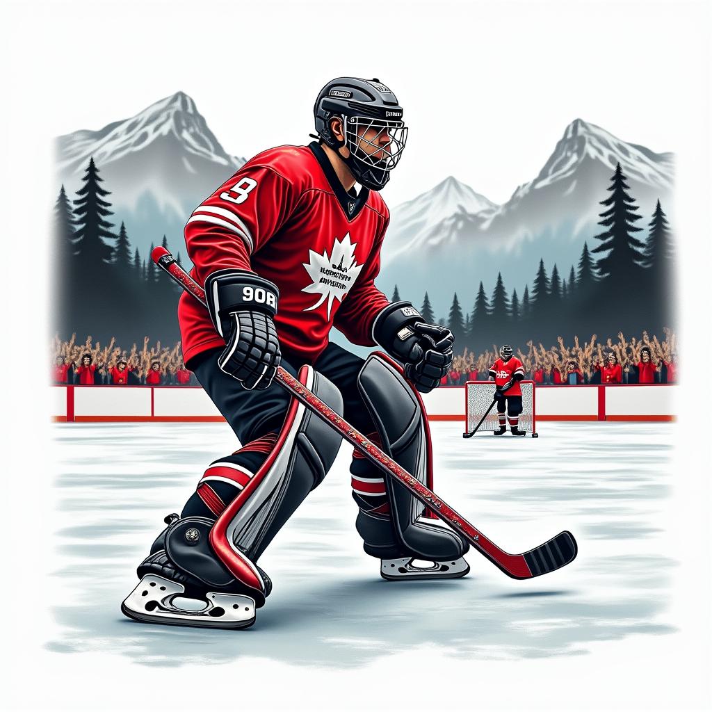 A tattoo design featuring ice hockey on a frozen lake, with mountains and forest in the background. The focus is on a goalie, including a goalie mask and stick, depicted in red, white, and black colors. In the background, there are cheering fans celebrating a championship, capturing the excitement of the moment.higly detailed tattoo - Variation 2