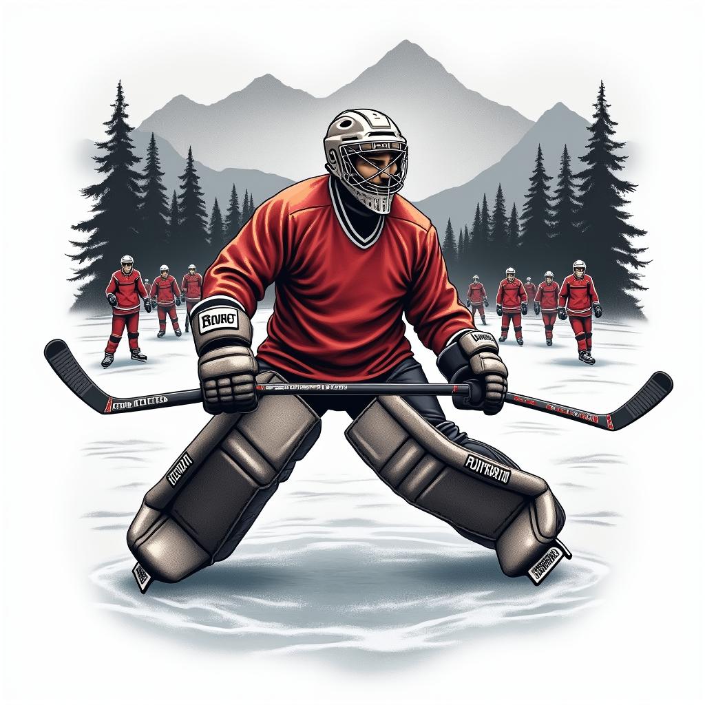 A tattoo design featuring ice hockey on a frozen lake, with mountains and forest in the background. The focus is on a goalie, including a goalie mask and stick, depicted in red, white, and black colors. In the background, there are cheering fans celebrating a championship, capturing the excitement of the moment.higly detailed tattoo