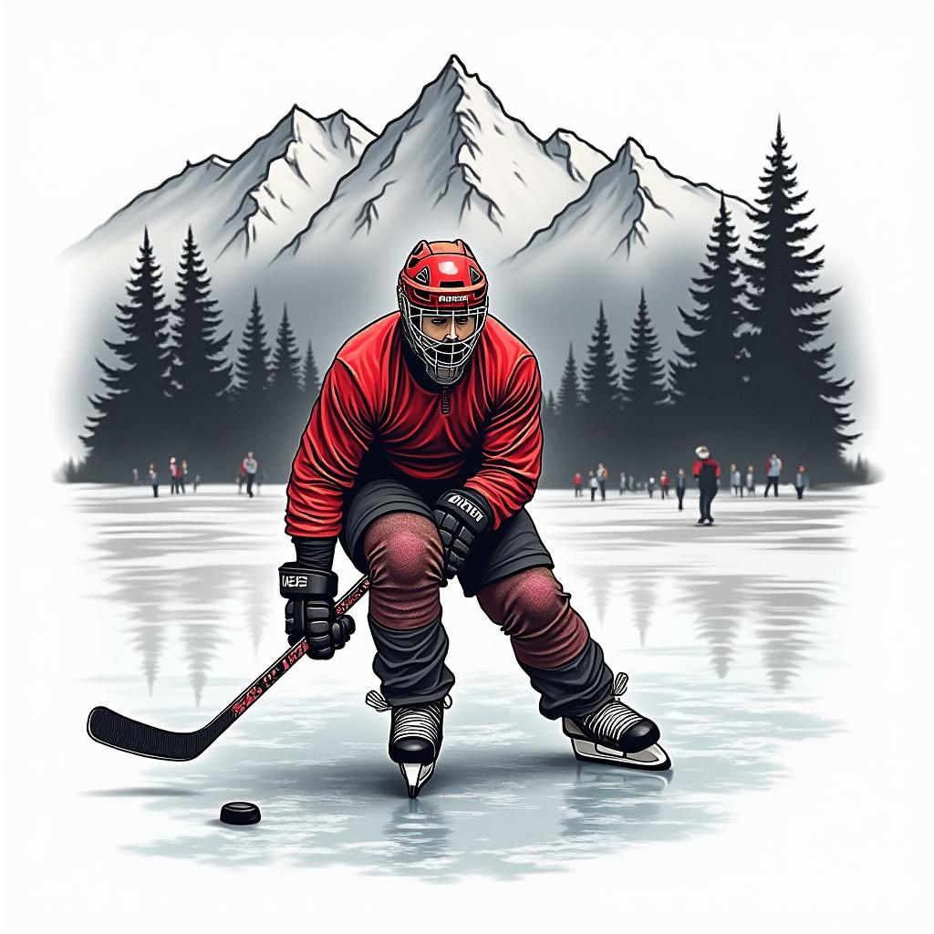 A tattoo design featuring ice hockey on a frozen lake, with mountains and forest in the background. The focus is on a goalie, including a goalie mask and stick, depicted in red, white, and black colors. In the background, there are cheering fans celebrating a championship, capturing the excitement of the moment.higly detailed tattoo - Variation 3