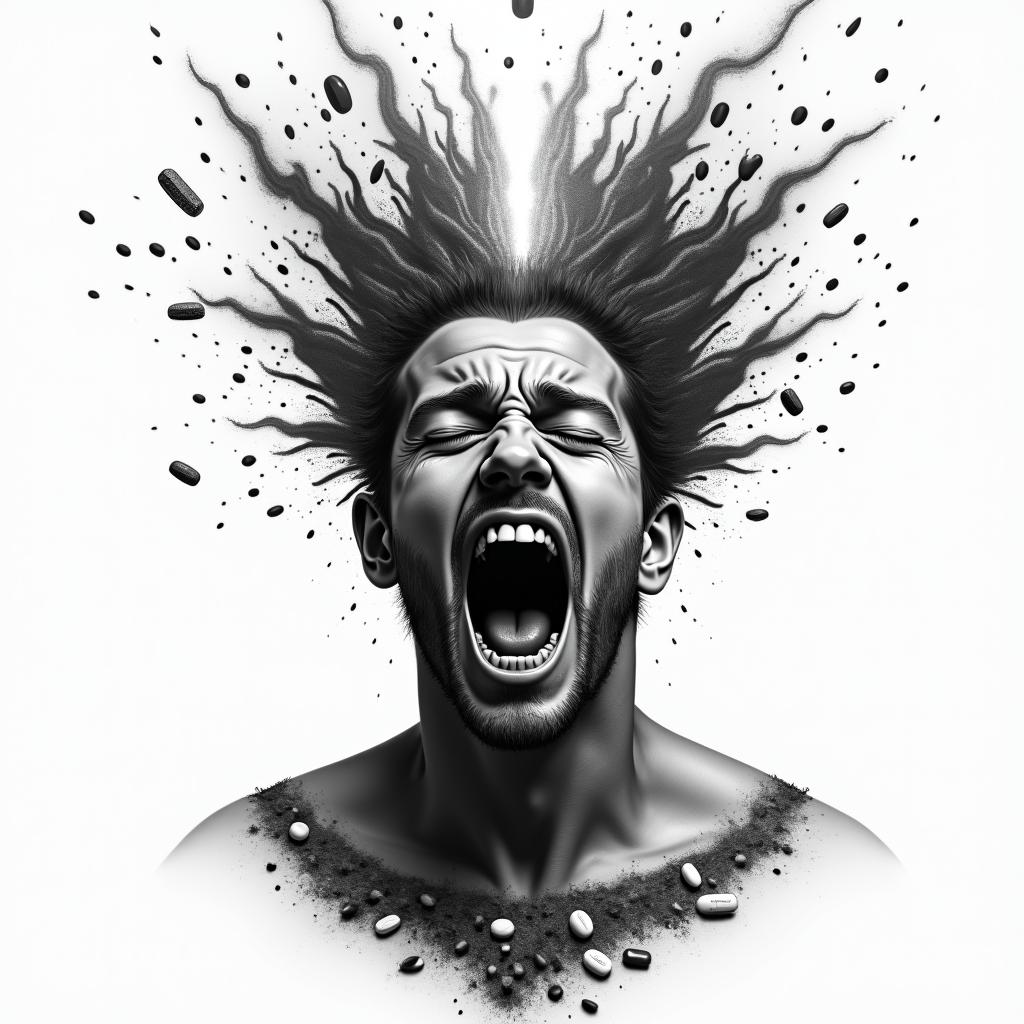 A black and grey realistic tattoo design of a screaming man with the top of his head exploding, with dark and grimacing images representing loss, infidelity, and regret emerging. These include a broken realistic heart symbolizing betrayal, a tarnished police badge reflecting trauma, and scattered pills and alcohol depicting substance abuse. The overall tone conveys struggle and pain, with a small light shining through, hinting at resilience amid the chaos.higly detailed tattoo - Variation 2