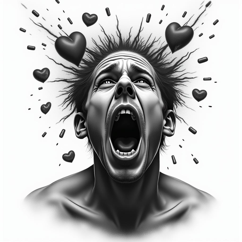 A black and grey realistic tattoo design of a screaming man with the top of his head exploding, with dark and grimacing images representing loss, infidelity, and regret emerging. These include a broken realistic heart symbolizing betrayal, a tarnished police badge reflecting trauma, and scattered pills and alcohol depicting substance abuse. The overall tone conveys struggle and pain, with a small light shining through, hinting at resilience amid the chaos.higly detailed tattoo - Variation 4