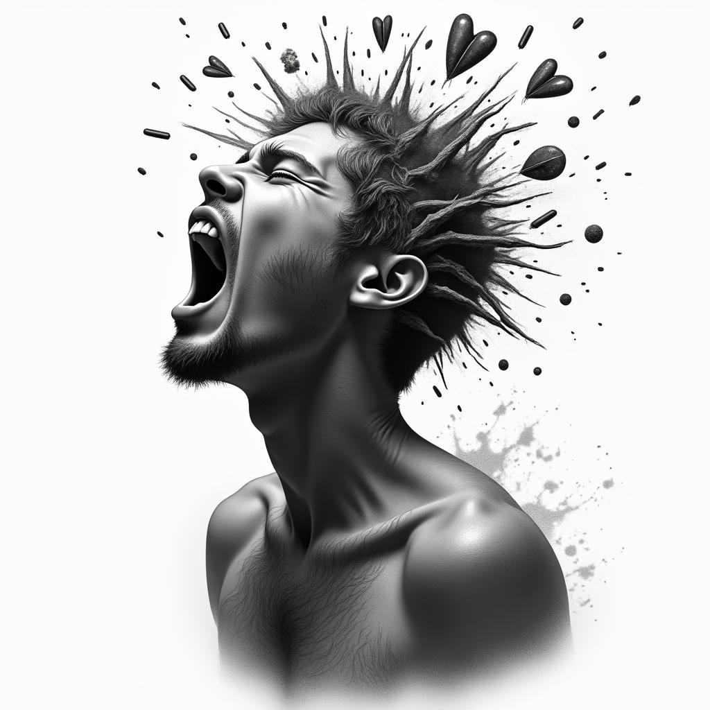 A black and grey realistic tattoo design of a screaming man with the top of his head exploding, with dark and grimacing images representing loss, infidelity, and regret emerging. These include a broken realistic heart symbolizing betrayal, a tarnished police badge reflecting trauma, and scattered pills and alcohol depicting substance abuse. The overall tone conveys struggle and pain, with a small light shining through, hinting at resilience amid the chaos.higly detailed tattoo