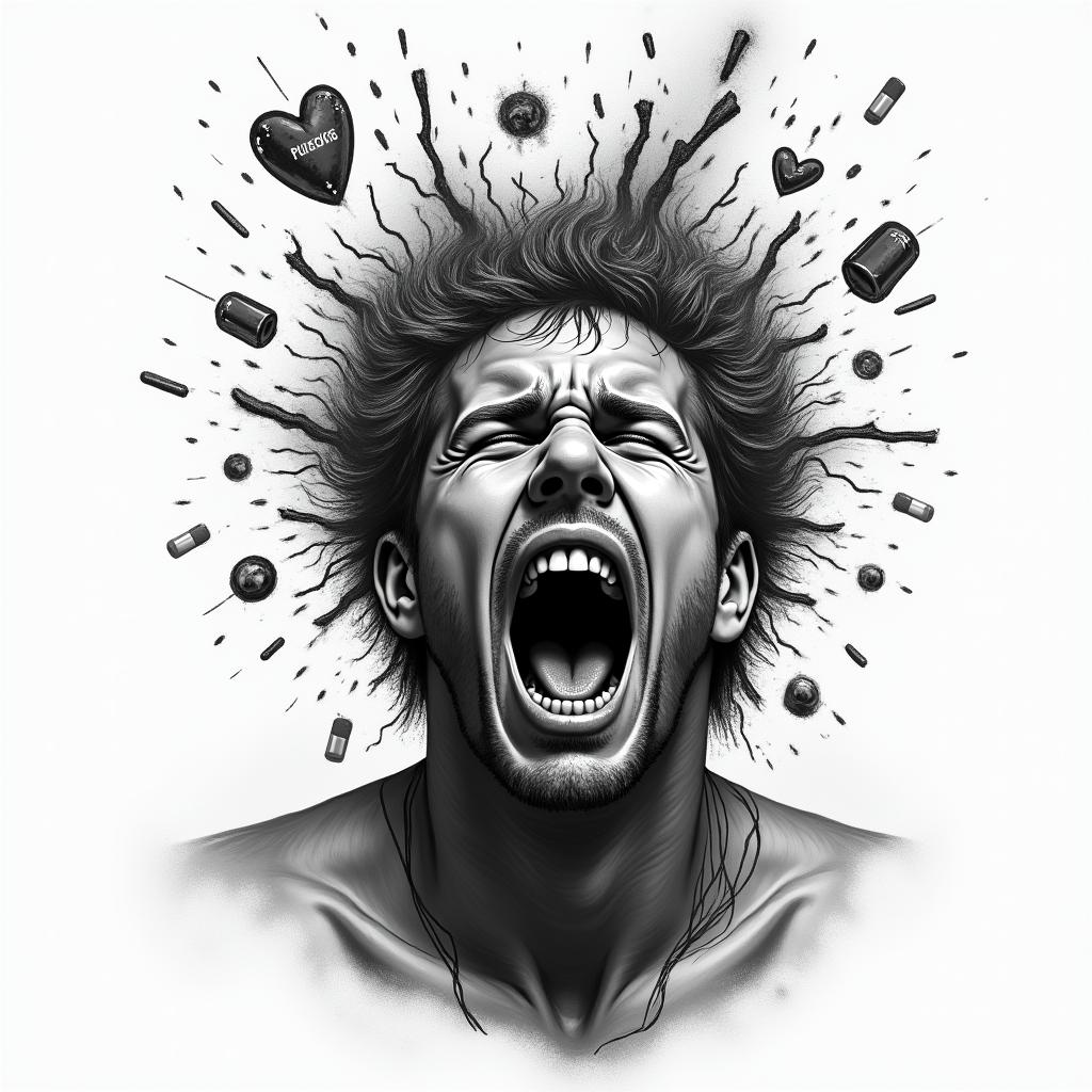 A black and grey realistic tattoo design of a screaming man with the top of his head exploding, with dark and grimacing images representing loss, infidelity, and regret emerging. These include a broken realistic heart symbolizing betrayal, a tarnished police badge reflecting trauma, and scattered pills and alcohol depicting substance abuse. The overall tone conveys struggle and pain, with a small light shining through, hinting at resilience amid the chaos.higly detailed tattoo - Variation 3