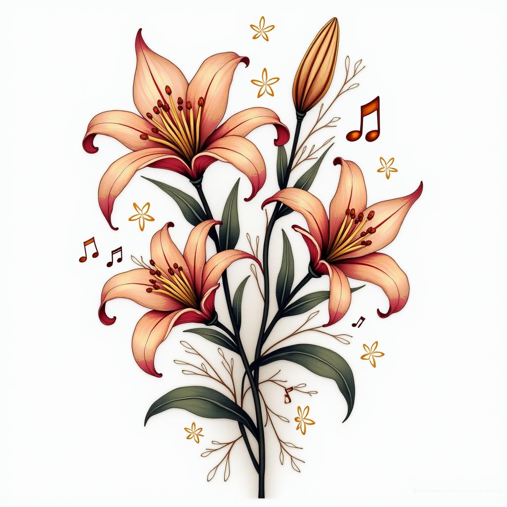 A joyful tattoo design featuring elegant lily flowers intertwined with subtle elements of the number 44, alongside a dancing figure in motion and musical notes to represent dancing to ABBA's "Dancing Queen." The style should evoke feelings of love, fun, and family memories, incorporating soft and vibrant colors that reflect happiness and warmth.higly detailed tattoo - Variation 4