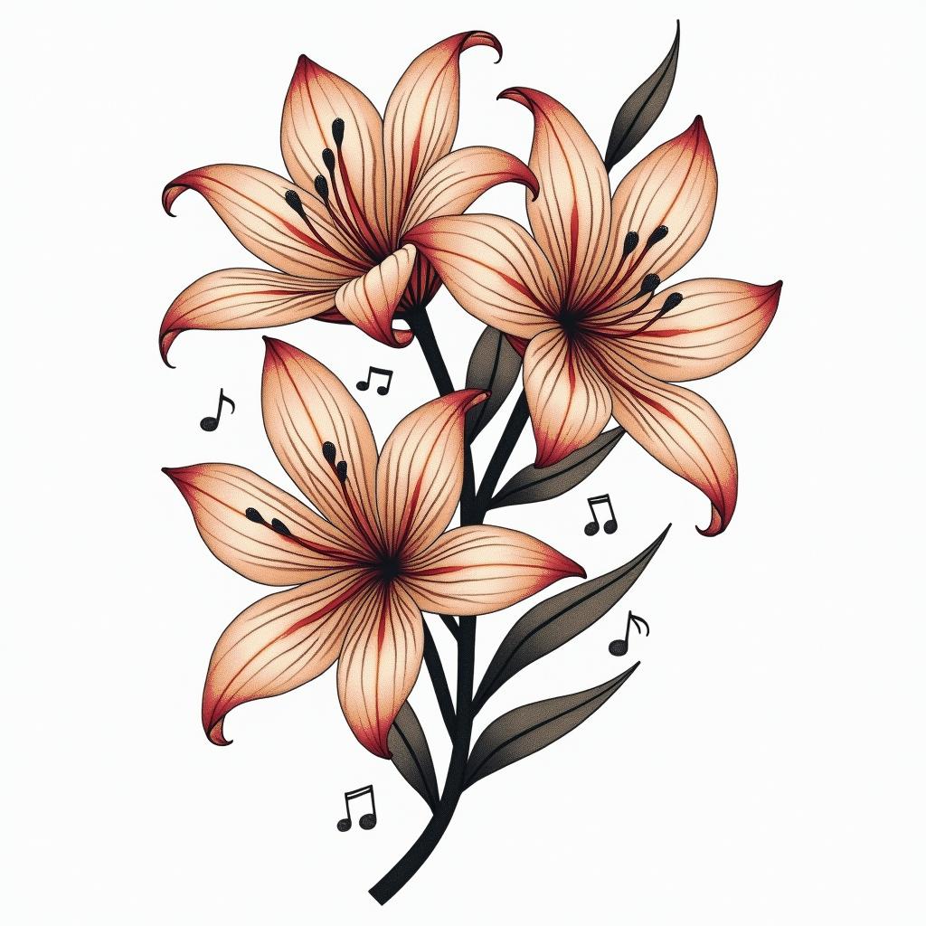 A joyful tattoo design featuring elegant lily flowers intertwined with subtle elements of the number 44, alongside a dancing figure in motion and musical notes to represent dancing to ABBA's "Dancing Queen." The style should evoke feelings of love, fun, and family memories, incorporating soft and vibrant colors that reflect happiness and warmth.higly detailed tattoo - Variation 3