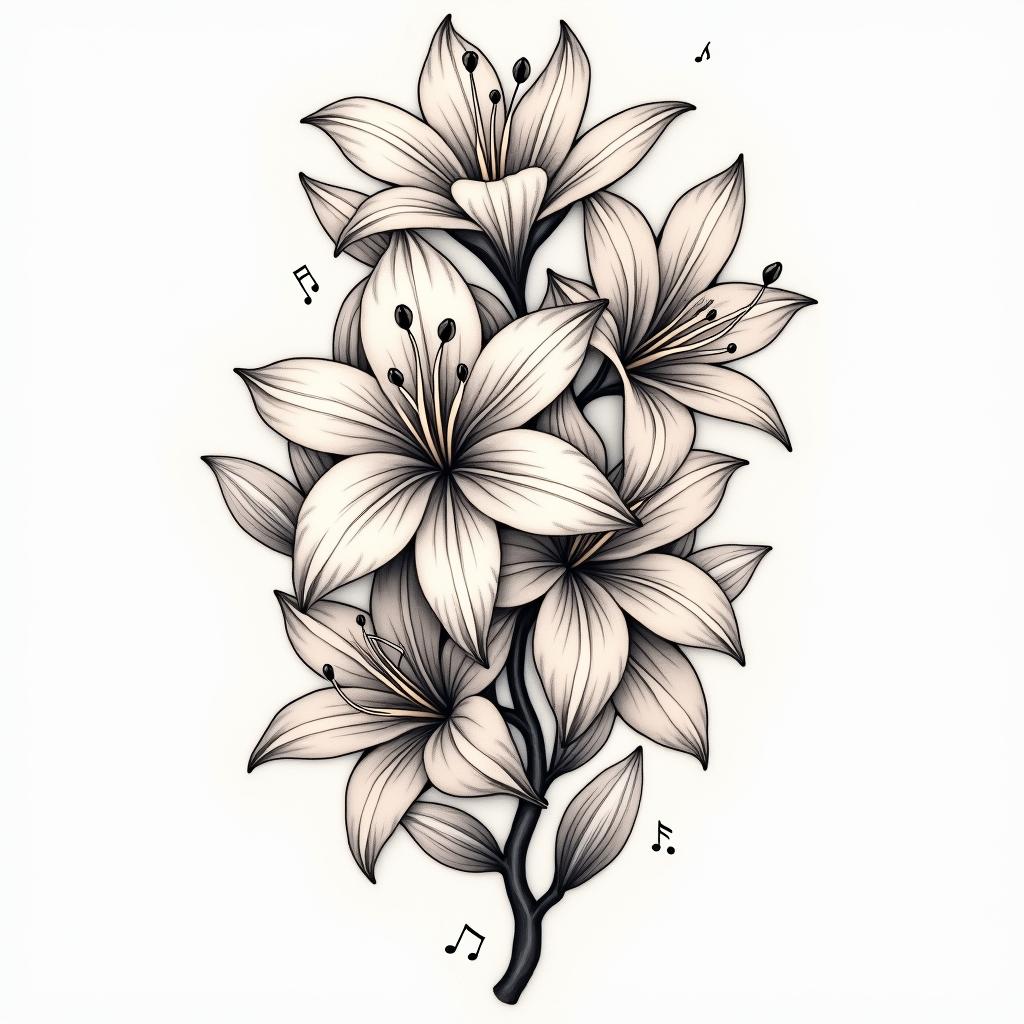 A joyful tattoo design featuring elegant lily flowers intertwined with subtle elements of the number 44, alongside a dancing figure in motion and musical notes to represent dancing to ABBA's "Dancing Queen." The style should evoke feelings of love, fun, and family memories, incorporating soft and vibrant colors that reflect happiness and warmth.higly detailed tattoo