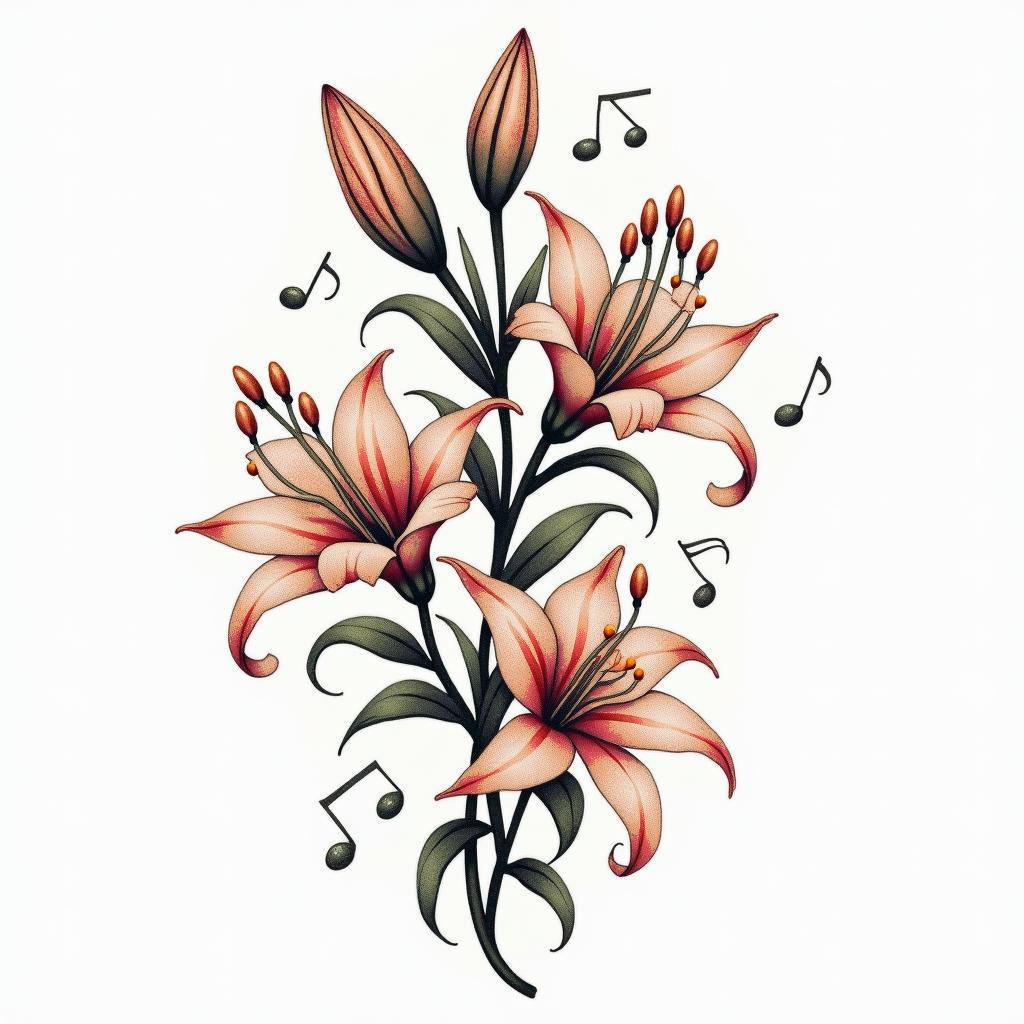 A joyful tattoo design featuring elegant lily flowers intertwined with subtle elements of the number 44, alongside a dancing figure in motion and musical notes to represent dancing to ABBA's "Dancing Queen." The style should evoke feelings of love, fun, and family memories, incorporating soft and vibrant colors that reflect happiness and warmth.higly detailed tattoo - Variation 2
