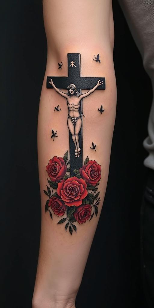 I want us to see all the crosses of the people who were nailed there, including the one with Jesus, with birds flying, red roses, Psalm 91 verse 2, and the word blessed.in realism tattoo style, featuring a highly detailed, lifelike, capturing every detail, photorealistic, ultra realistic, intricate shading, smooth and sharp,  