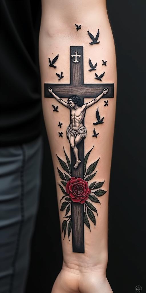 I want us to see all the crosses of the people who were nailed there, including the one with Jesus, with birds flying, red roses, Psalm 91 verse 2, and the word blessed.in realism tattoo style, featuring a highly detailed, lifelike, capturing every detail, photorealistic, ultra realistic, intricate shading, smooth and sharp,   - Variation 2