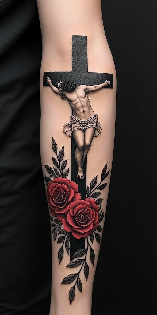 I want us to see all the crosses of the people who were nailed there, including the one with Jesus, with birds flying, red roses, Psalm 91 verse 2, and the word blessed.in realism tattoo style, featuring a highly detailed, lifelike, capturing every detail, photorealistic, ultra realistic, intricate shading, smooth and sharp,   - Variation 3