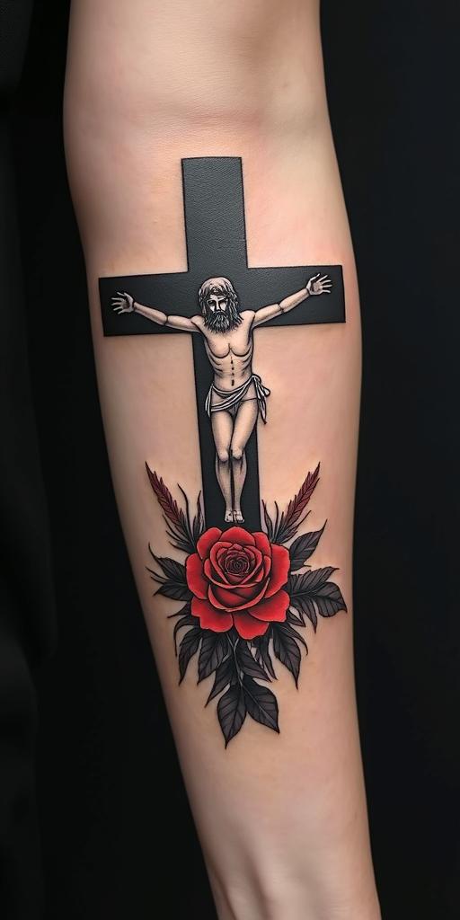I want us to see all the crosses of the people who were nailed there, including the one with Jesus, with birds flying, red roses, Psalm 91 verse 2, and the word blessed.in realism tattoo style, featuring a highly detailed, lifelike, capturing every detail, photorealistic, ultra realistic, intricate shading, smooth and sharp,   - Variation 4