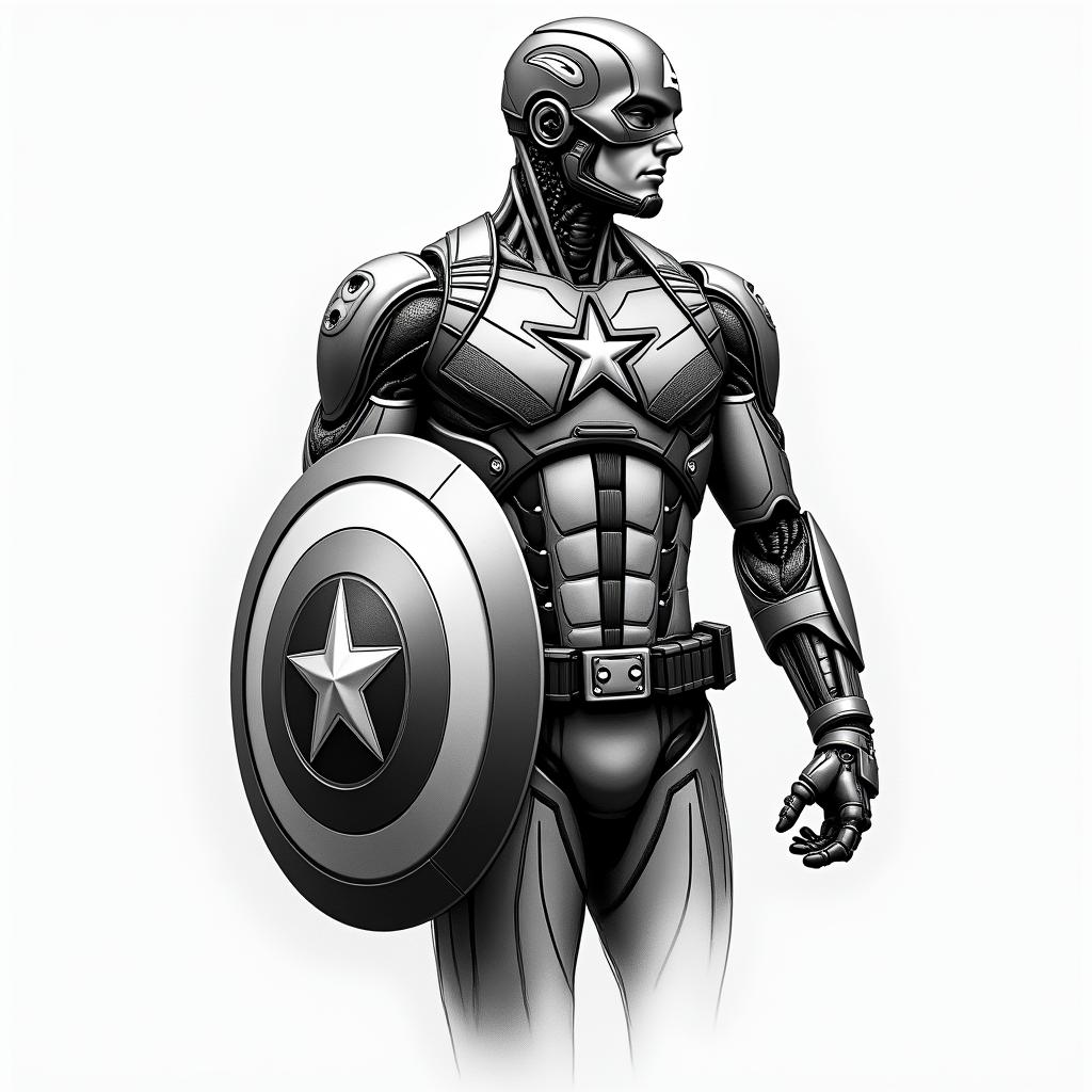 Captain America with his shield raisedtattoo in biomechanic style, the tattoo covered by robotic elements of futuristic cyberpunk design, robotic features detail, showcasing intricate mechanical components