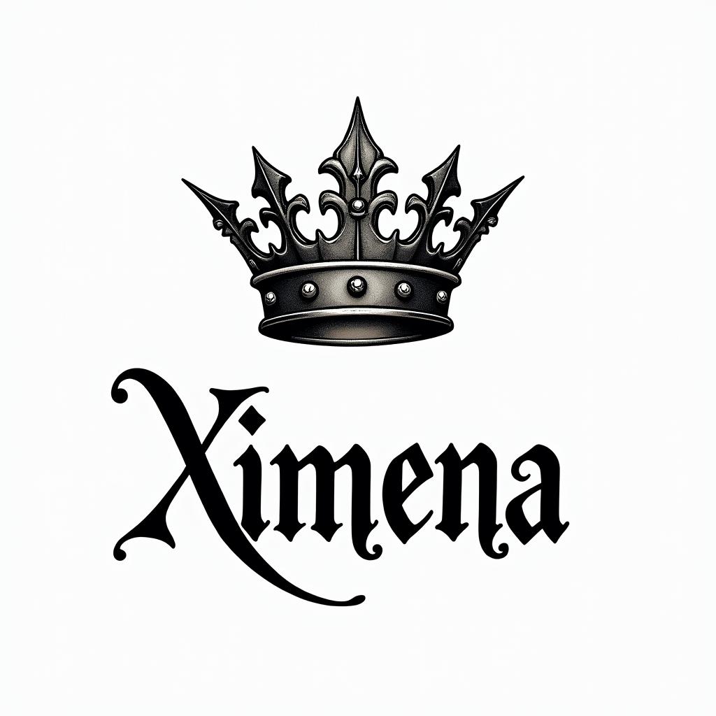 Name Ximena with royal font and queen crown over ithigly detailed tattoo - Variation 3
