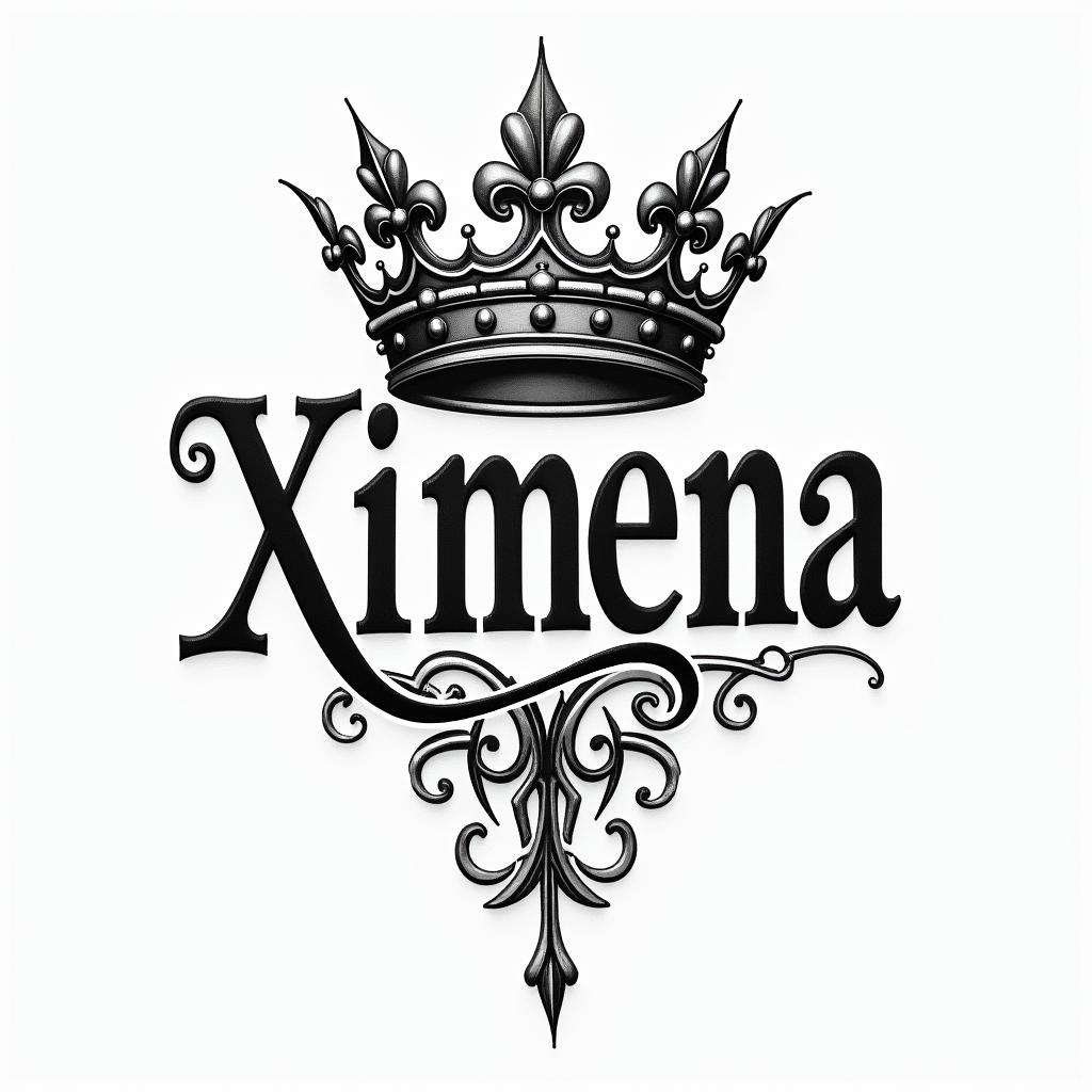 Name Ximena with royal font and queen crown over ithigly detailed tattoo - Variation 2