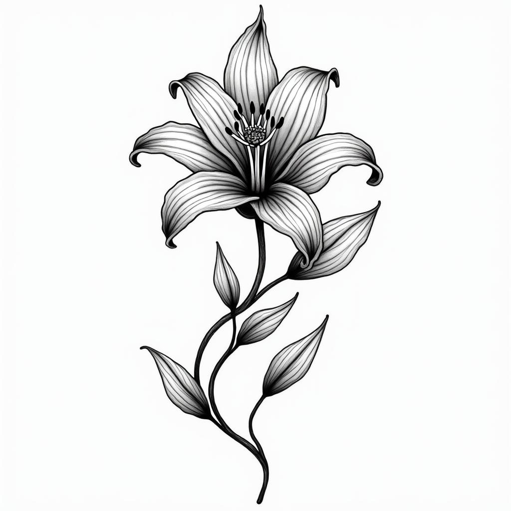 A tattoo design featuring an elegant Lilly flower as the central focus, intertwined with the text "Dancing Queen" gracefully flowing around it. The number 44 is prominently displayed within the design, reflecting a celebratory and joyful essence inspired by a love for dancing. The overall vibe is elegant and heartfelt, capturing the spirit of a beloved grandmother who cherished dancing.higly detailed tattoo - Variation 3