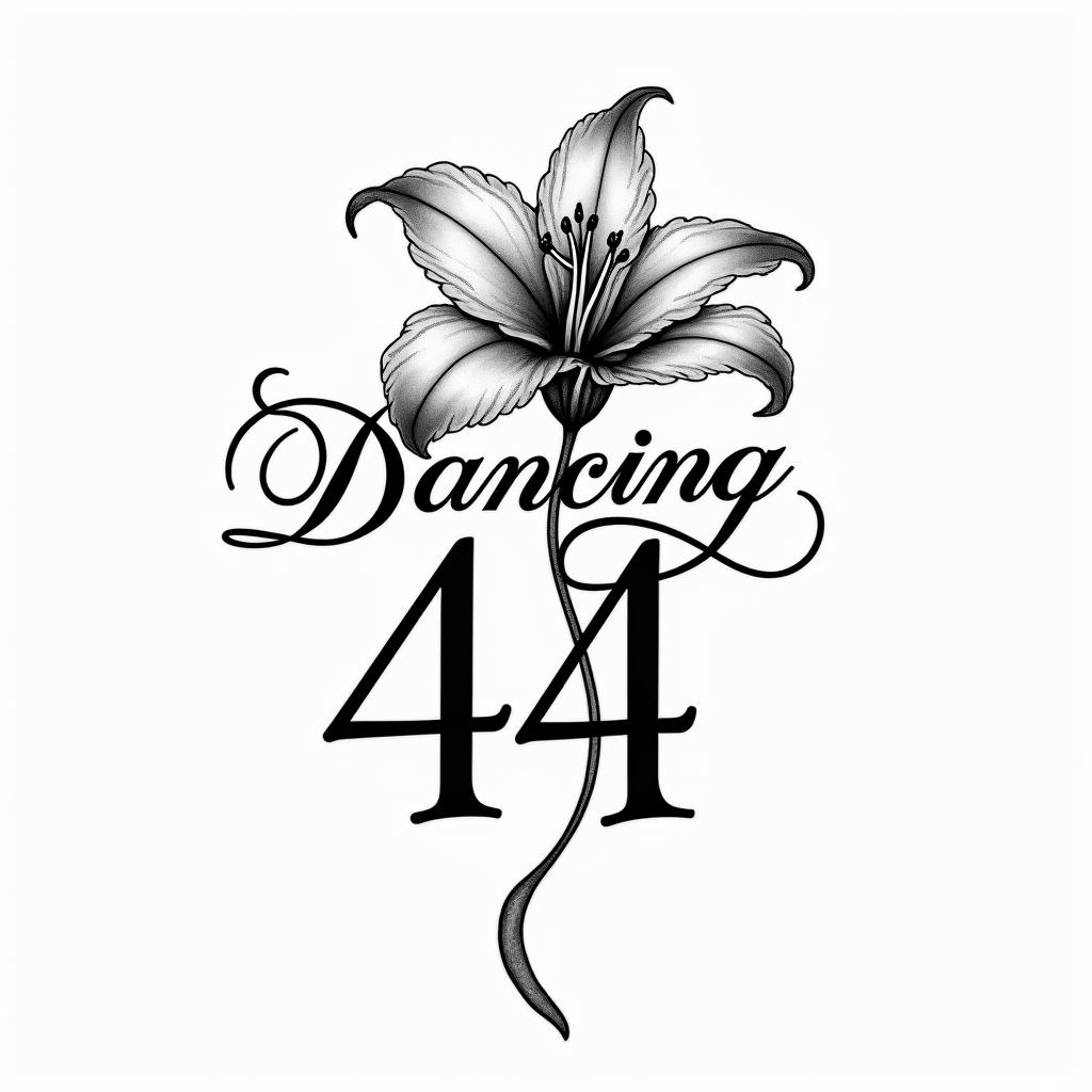 A tattoo design featuring an elegant Lilly flower as the central focus, intertwined with the text "Dancing Queen" gracefully flowing around it. The number 44 is prominently displayed within the design, reflecting a celebratory and joyful essence inspired by a love for dancing. The overall vibe is elegant and heartfelt, capturing the spirit of a beloved grandmother who cherished dancing.higly detailed tattoo