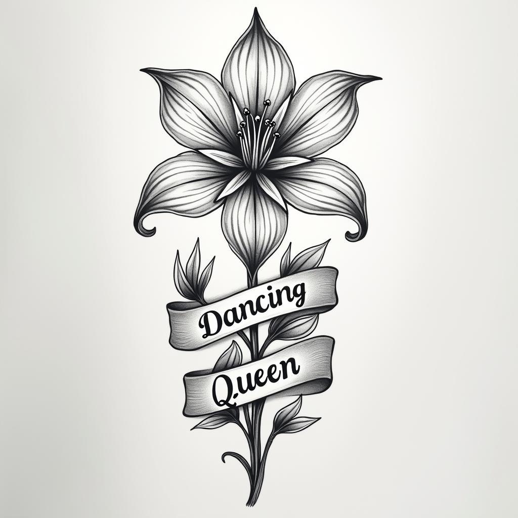 A tattoo design featuring an elegant Lilly flower as the central focus, intertwined with the text "Dancing Queen" gracefully flowing around it. The number 44 is prominently displayed within the design, reflecting a celebratory and joyful essence inspired by a love for dancing. The overall vibe is elegant and heartfelt, capturing the spirit of a beloved grandmother who cherished dancing.higly detailed tattoo - Variation 4