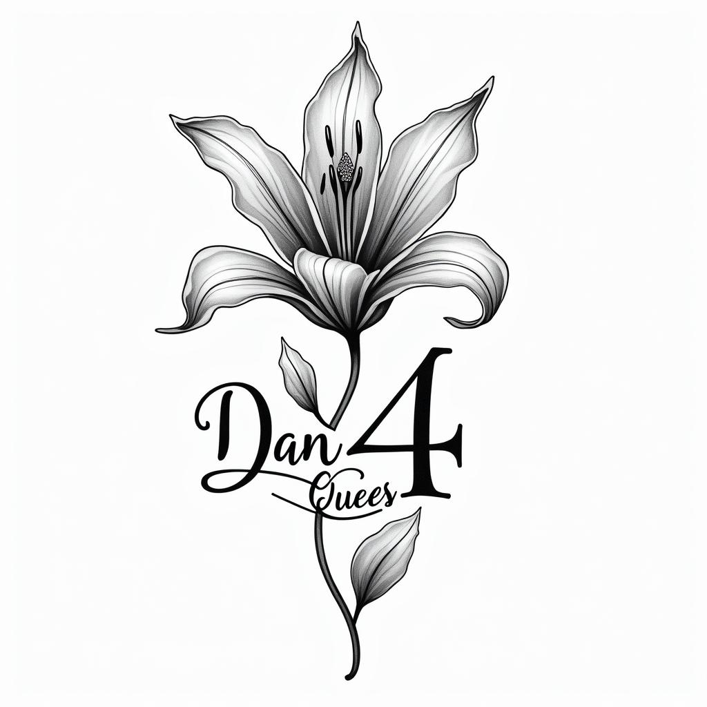 A tattoo design featuring an elegant Lilly flower as the central focus, intertwined with the text "Dancing Queen" gracefully flowing around it. The number 44 is prominently displayed within the design, reflecting a celebratory and joyful essence inspired by a love for dancing. The overall vibe is elegant and heartfelt, capturing the spirit of a beloved grandmother who cherished dancing.higly detailed tattoo - Variation 2