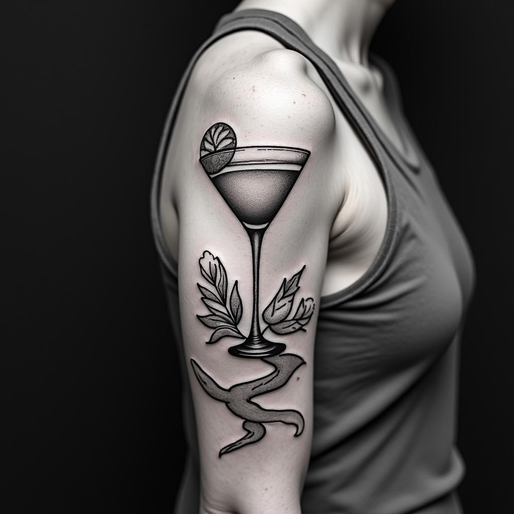 Margaritasin Modest style tattoo, featuring soft, delicate line work with simple and meaningful symbols, gentle waves, a heart, evoking a sense of serenity and grace,