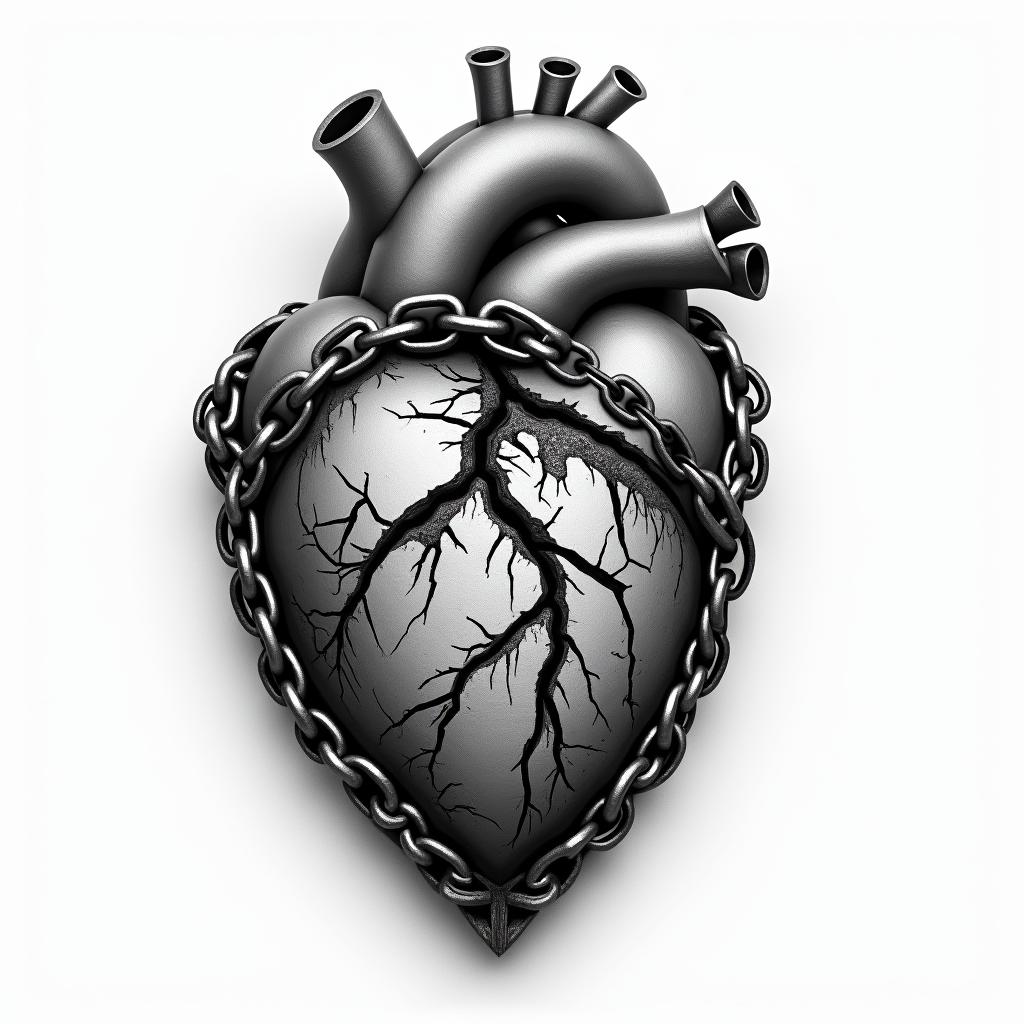 A realistic image of a broken heart with a variety of cracks, some deep and some small, featuring parts that appear to be partially stitched as if they were attempted to be repaired. The heart is shackled in rugged, tough chains, symbolizing the guarded nature of the heart in order to prevent future trauma, reflecting experiences of infidelity and PTSD.higly detailed tattoo