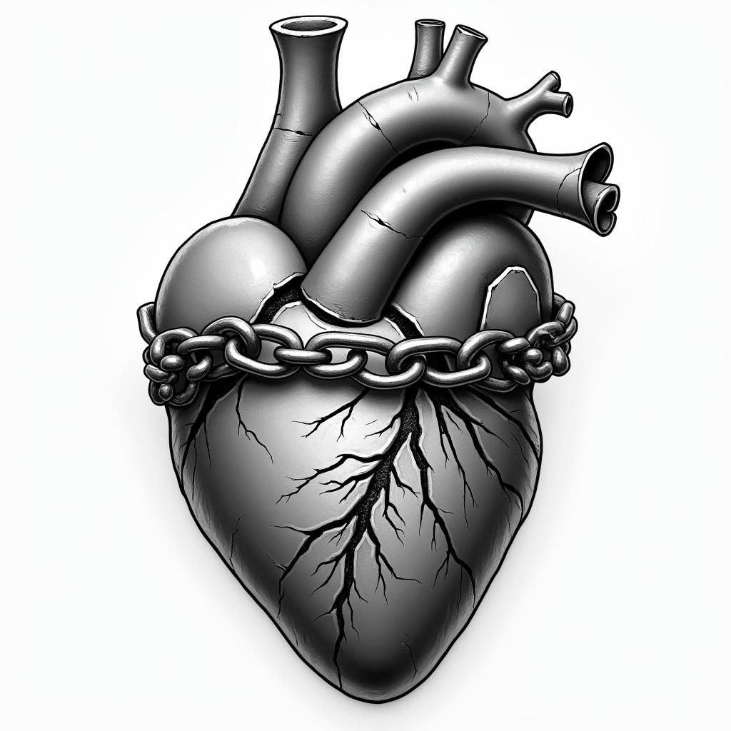 A realistic image of a broken heart with a variety of cracks, some deep and some small, featuring parts that appear to be partially stitched as if they were attempted to be repaired. The heart is shackled in rugged, tough chains, symbolizing the guarded nature of the heart in order to prevent future trauma, reflecting experiences of infidelity and PTSD.higly detailed tattoo - Variation 3