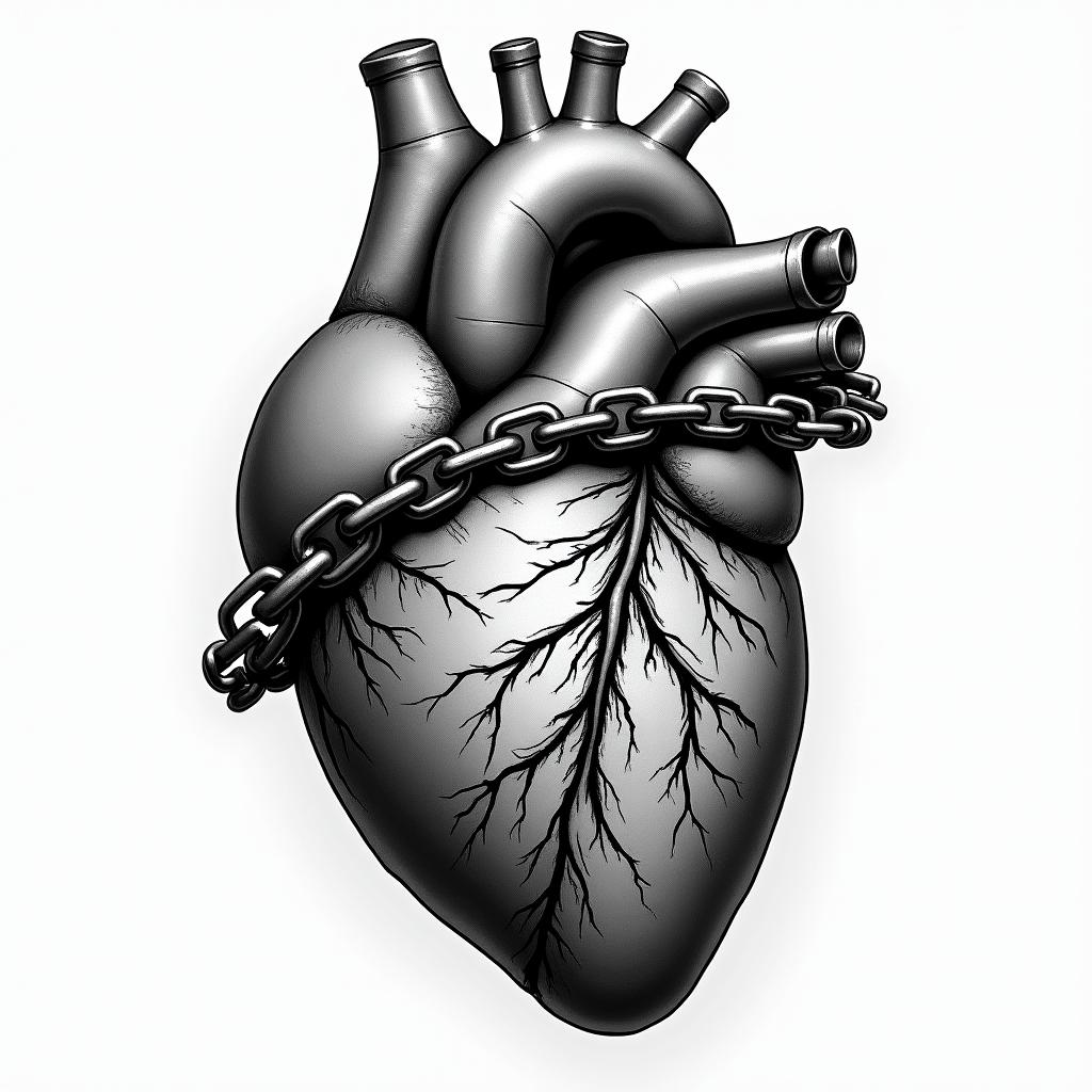 A realistic image of a broken heart with a variety of cracks, some deep and some small, featuring parts that appear to be partially stitched as if they were attempted to be repaired. The heart is shackled in rugged, tough chains, symbolizing the guarded nature of the heart in order to prevent future trauma, reflecting experiences of infidelity and PTSD.higly detailed tattoo - Variation 2