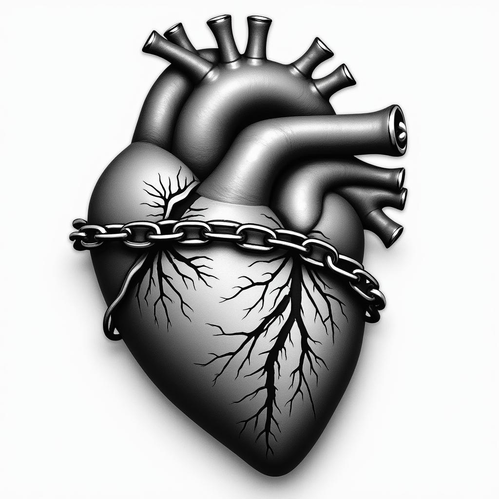A realistic image of a broken heart with a variety of cracks, some deep and some small, featuring parts that appear to be partially stitched as if they were attempted to be repaired. The heart is shackled in rugged, tough chains, symbolizing the guarded nature of the heart in order to prevent future trauma, reflecting experiences of infidelity and PTSD.higly detailed tattoo - Variation 4