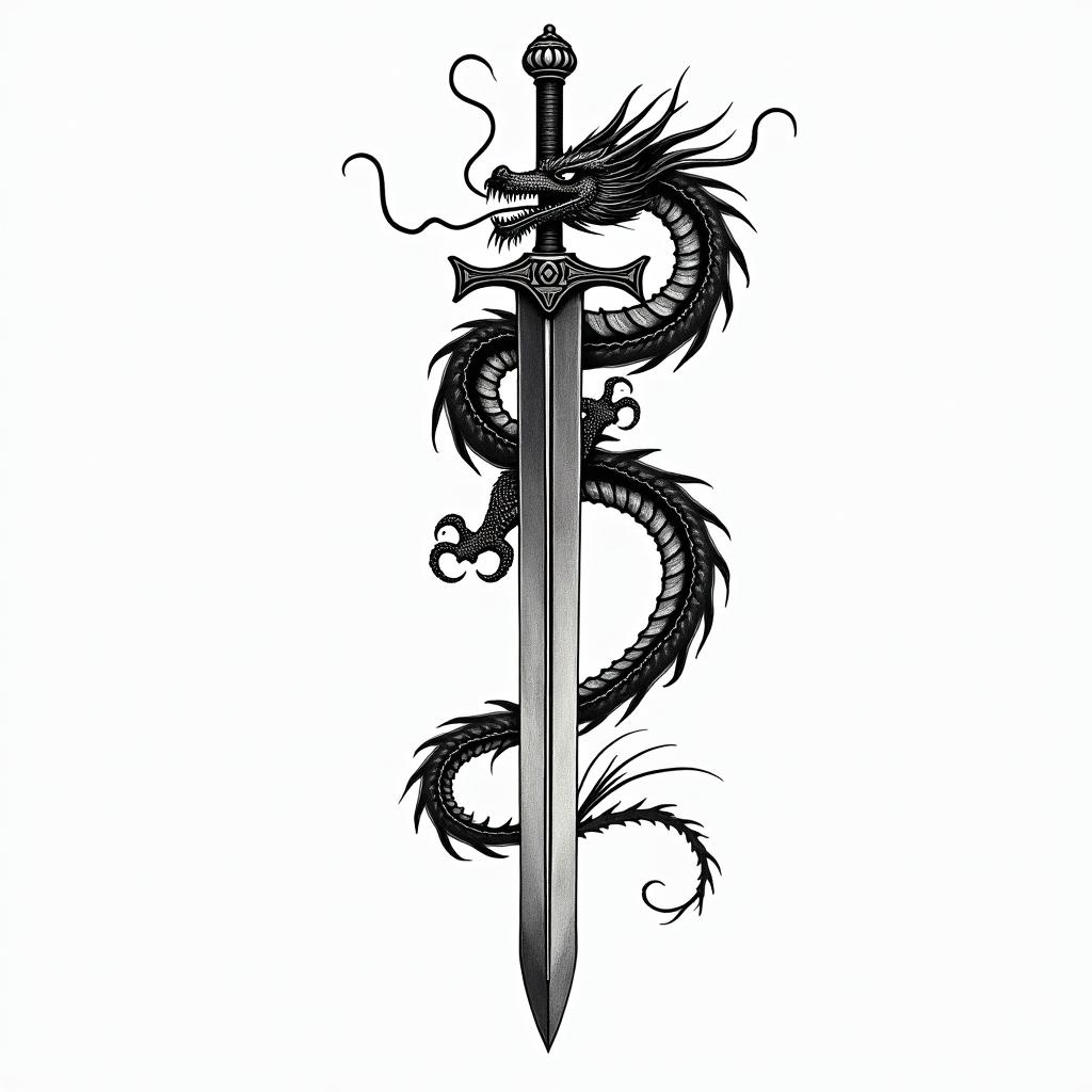 Dragon around swordin japanese style tattoo, detailed tattoo, traditional japanese culture tattoo, mythology, 8k