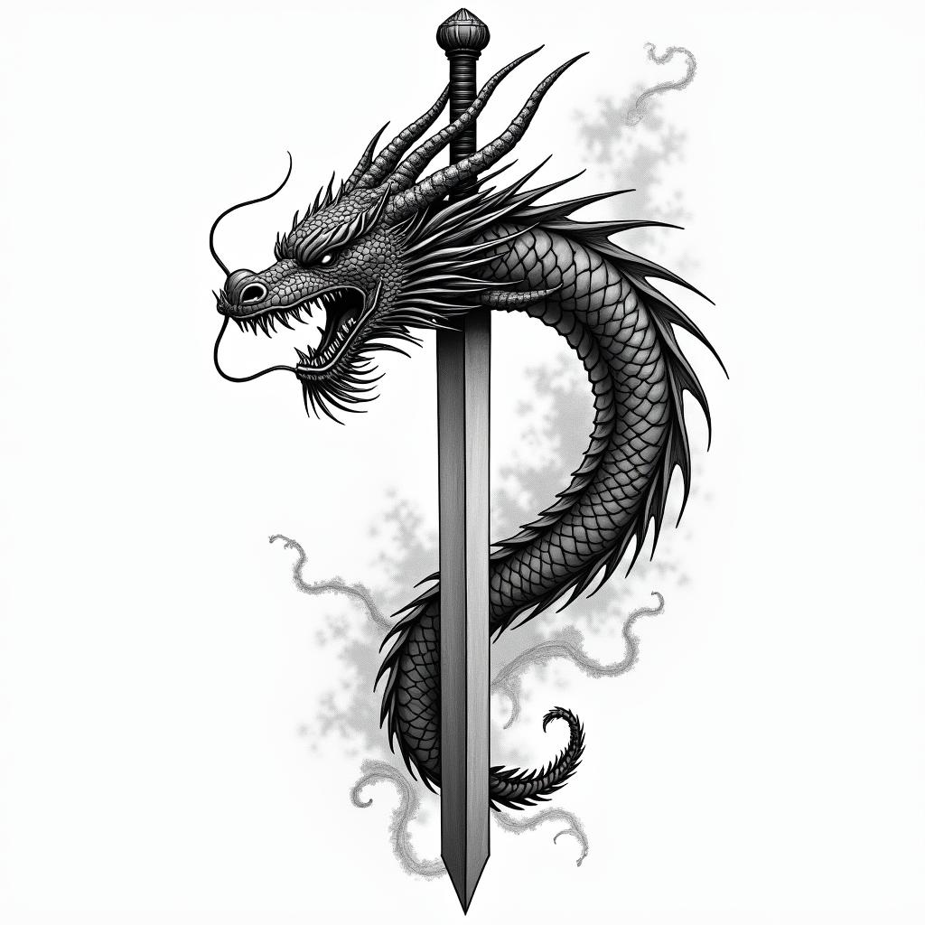 Dragon around swordin japanese style tattoo, detailed tattoo, traditional japanese culture tattoo, mythology, 8k - Variation 3