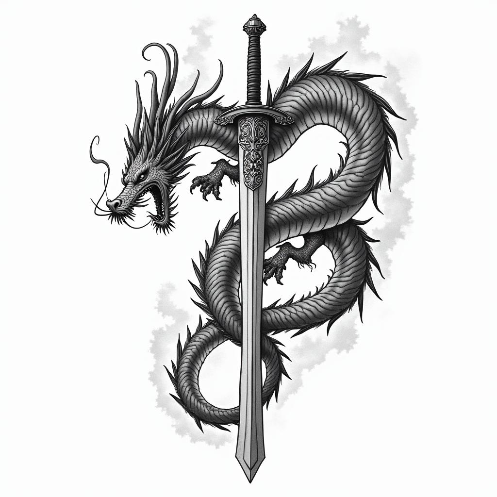 Dragon around swordin japanese style tattoo, detailed tattoo, traditional japanese culture tattoo, mythology, 8k - Variation 4