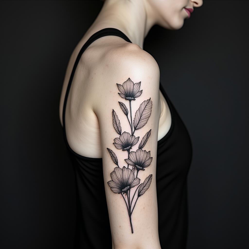 Flowersin Modest style tattoo, featuring soft, delicate line work with simple and meaningful symbols, gentle waves, a heart, evoking a sense of serenity and grace, - Variation 2