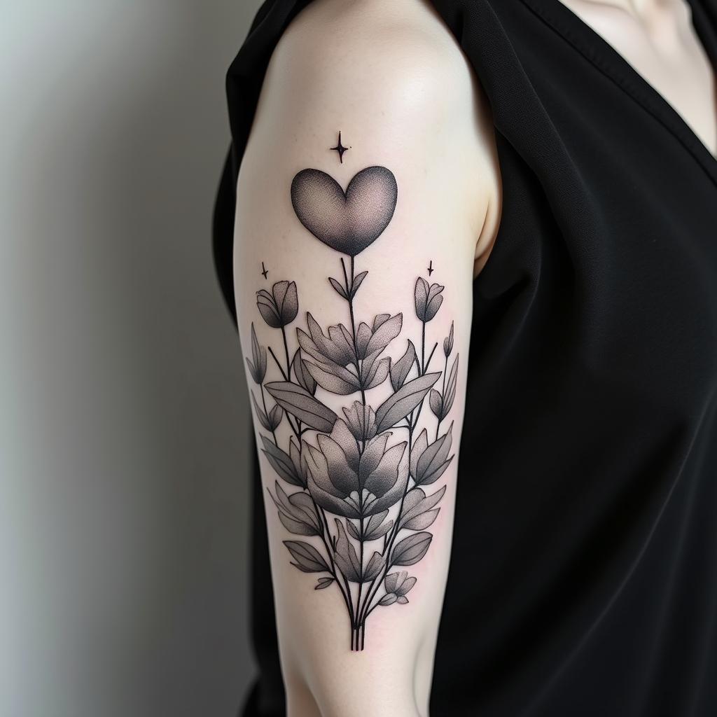 Flowersin Modest style tattoo, featuring soft, delicate line work with simple and meaningful symbols, gentle waves, a heart, evoking a sense of serenity and grace, - Variation 3