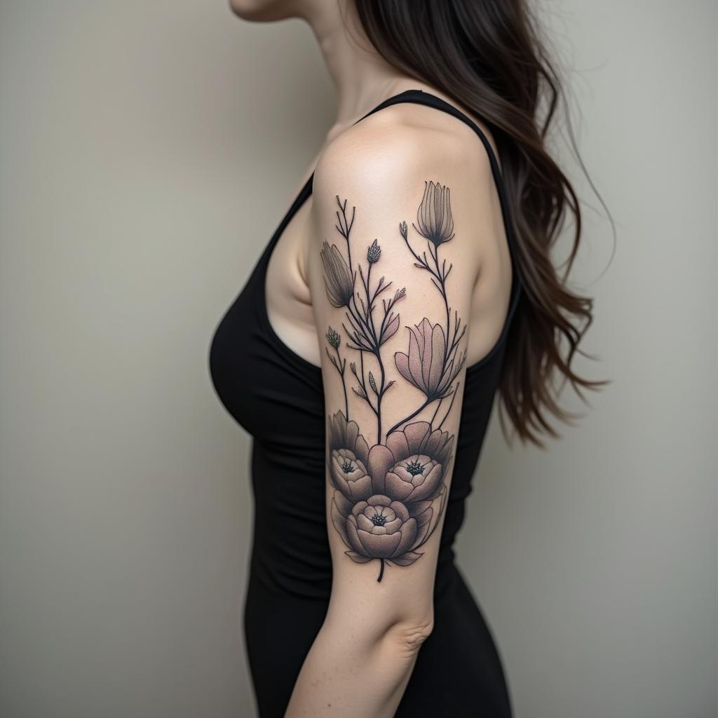 Flowersin Modest style tattoo, featuring soft, delicate line work with simple and meaningful symbols, gentle waves, a heart, evoking a sense of serenity and grace, - Variation 4