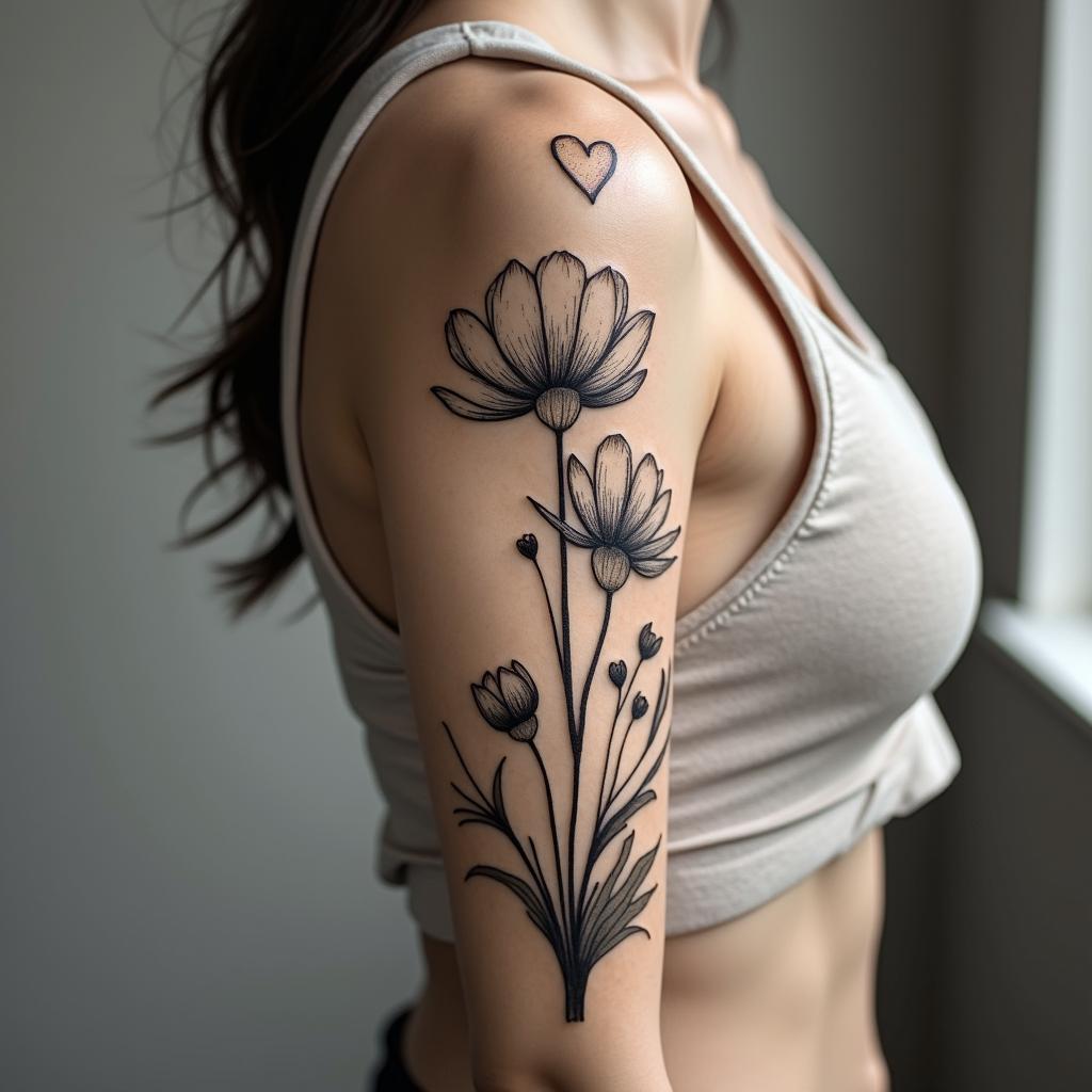 Flowersin Modest style tattoo, featuring soft, delicate line work with simple and meaningful symbols, gentle waves, a heart, evoking a sense of serenity and grace, - Variation 1